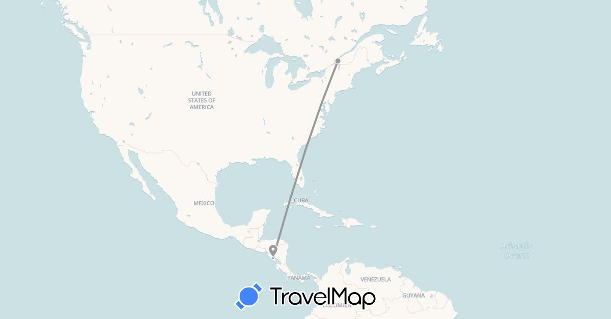 TravelMap itinerary: driving, plane in Canada, Nicaragua (North America)